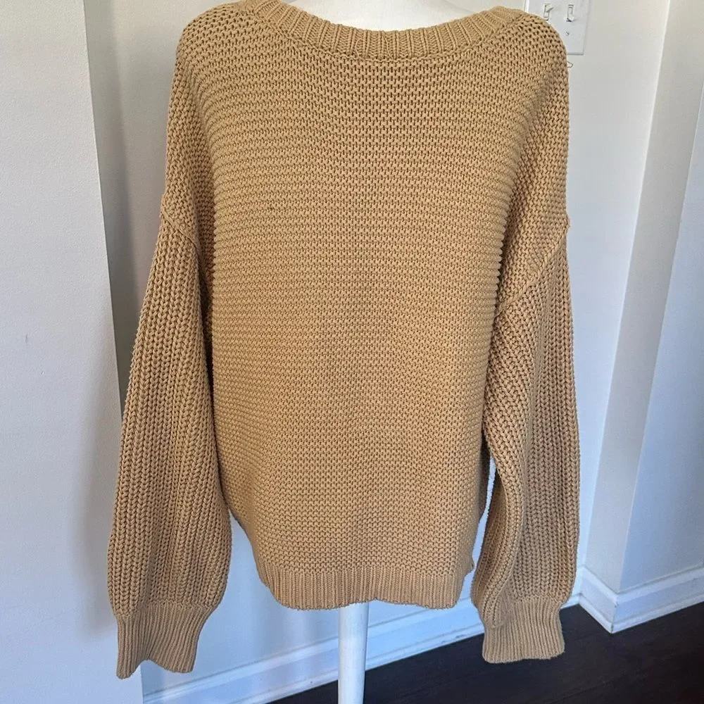 Free People Dream Cable Tan Crewneck Sweater L